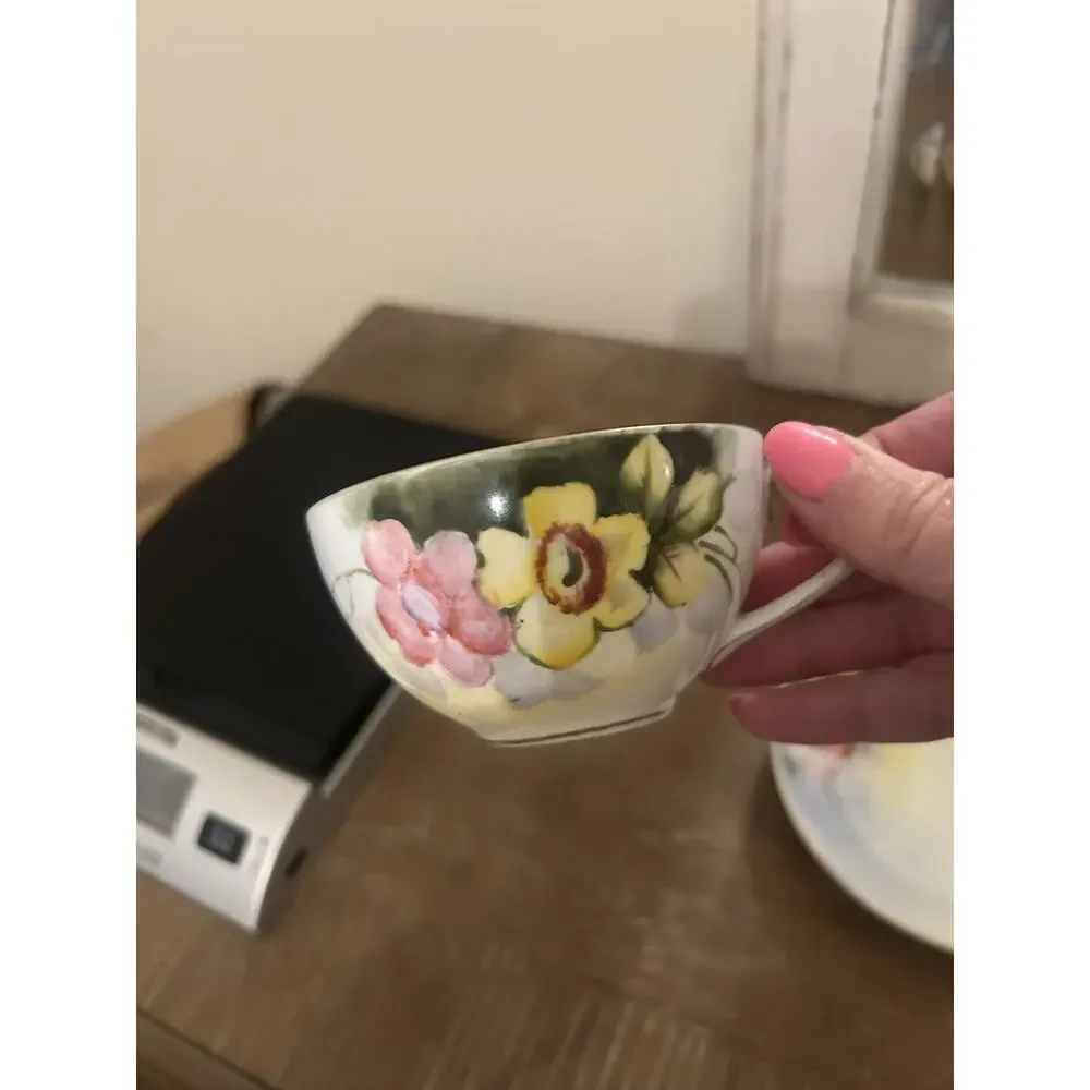 Antique Bayreuth Bone China Yellow Floral Handpainted Tea Cup & Saucer Gold Trim